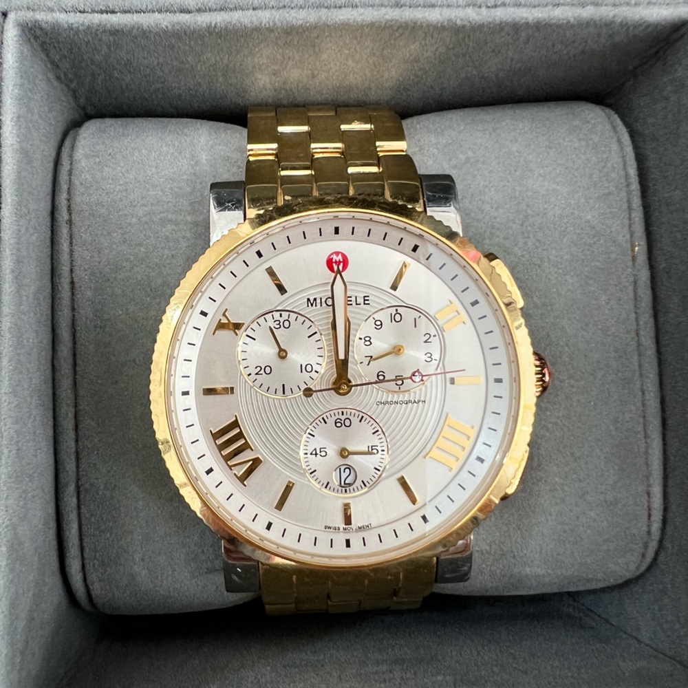 Michele Womens Sport Sail Diamond Accent Two-Tone Bracelet Watch, 42mm - 0.13